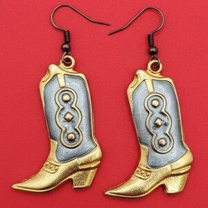 Goldtone Enamel Western Boot Shape Drop Earrings cowboy cowgirl style